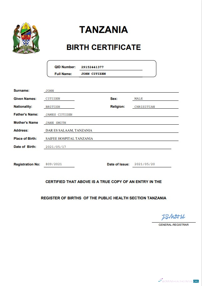 Download Tanzania birth certificate Word and PDF template Photoshop template